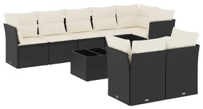 Set divani da giardino 9 pz con cuscini nero in polyrattan