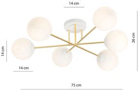 Plafoniera Moderna Magnium 6 Luci In Acciao Oro E Sfere In Vetro Bianco