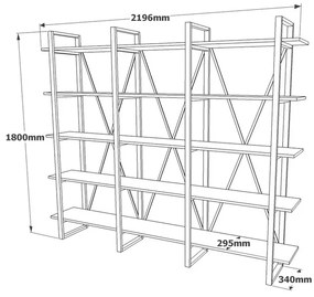 Libreria A Parete Stile Industrial 220x34x180 Cm 5 Ripiani Milano Rovere