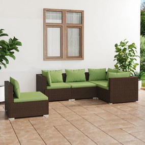 Set divani da giardino 5 pz con cuscini in polyrattan marrone