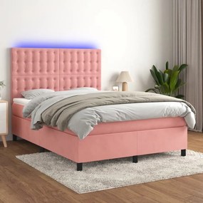 Letto A Molle Con Materasso E Led Rosa 140x200 Cm İn Velluto /