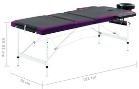 Lettino Massaggio Pieghevole 3 Zone in Alluminio Nero e Viola