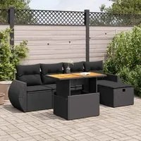 Set Divano da Giardino 6 pz con Cuscini Nero Polyrattan Acacia 3328049