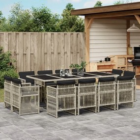 Set da pranzo da giardino 13pz con cuscini grigio in polyrattan