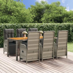 Set da pranzo da giardino 7 pz con cuscini in polyrattan grigio