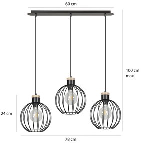 Lampadario 3 Luci Morgana Paralumi A Gabbia In Acciaio Nero E Legno Naturale