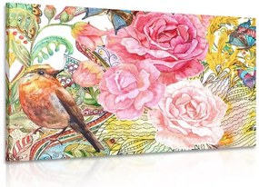 Quadro su tela – Uccellino vintage con fiori