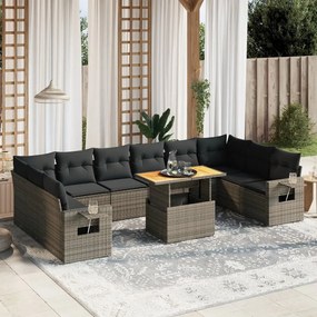 Set divani da giardino 11 pz con cuscini in polyrattan grigio