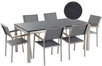 Set da pranzo da giardino grigio con piano in granito Nero 6 posti 180 x 90 cm