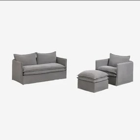 Set Da Soggiorno Grace In Lino E Cotone Con Divano 2 Posti, Poltrona E Pouf Tessuto Grigio Scuro - Sklum