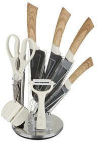 Ceppo con 4 coltelli, pelaverdure, forbici e affilacoltelli effetto legno