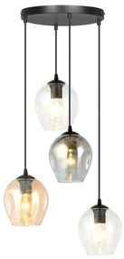 Lampadario 4 Luci Fuxi Base Tonda Acciaio Nero E Vetri Ambra Trasparente E Fumè
