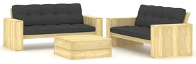 Set divani da giardino 3 pz con cuscini legno pino impregnato