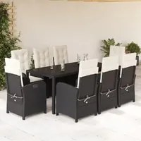 Set da Pranzo da Giardino 9 pz con Cuscini Nero in Polyrattan 3212202