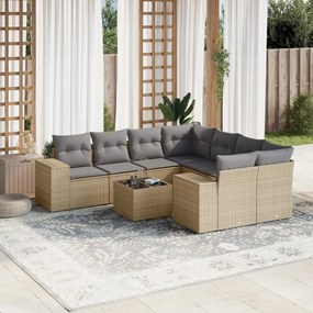 Set divano da giardino 9 pz con cuscini beige in polyrattan