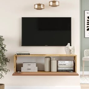 Mobile TV Sospeso 100x32x30 Rosso E Rovere Effetto Legno Con Vano Frame