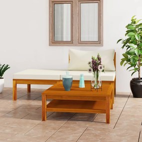 Set divani giardino 3 pz cuscini bianco crema in legno d&#039;acacia