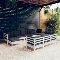 Set Divani da Giardino 10 pz con Cuscini Bianchi Legno di Pino 3097140