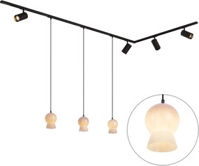 Sistema a binario moderno nero con 4 faretti e 3 lampade a sospensione bianche monofase - Iconic Bell Jeana Luxe