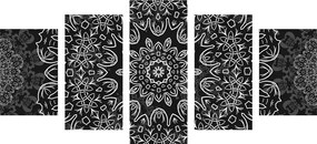 Quadri 5 pezzi – Mandala con motivo astratto in bianco e nero