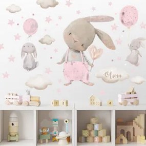 Adesivi ad acquerello - Coniglietti rosa chiaro con palloncini | Inspio