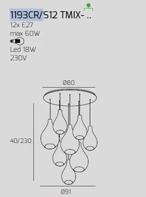 Sosp. cromo 12 luci tonda vetri (6 piccoli (3xam+3xtr)+4 medi (2xam...