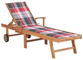 Lettino Prendisole E Cuscino İn Massello Di Teak Rosso A Quadri /