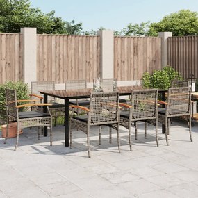 Set da pranzo da giardino 9 pz con cuscini in polyrattan grigio