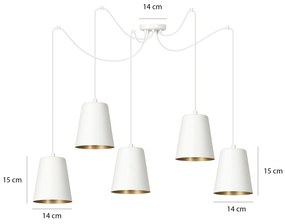 Lampadario 5 Luci Link In Acciaio Cavo Lungo E Paralumi Cono Bianco E Oro