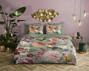 Set copripiumino e federa verde in raso di cotone per letto singolo ed esteso 140x220 cm Fiori – Descanso