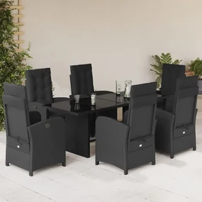 Set da pranzo da giardino 7 pz nero con cuscini in polyrattan