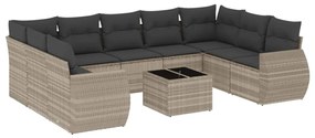 Set divano giardino 10 pz con cuscini grigio chiaro polyrattan