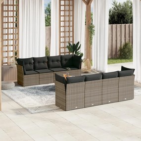 Set divano da giardino 9 pz con cuscini grigio in polyrattan