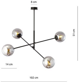 Lampadario 4 Luci Linear In Acciao Nero Con Bracci Regolabili E Vetro Fumè