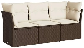 Set Divano da Giardino 3 pz con Cuscini Marrone in Polyrattan