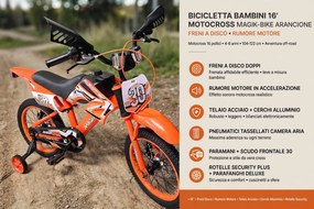 Bicicletta per Bambini 16" Freni a Disco e Rumore del Motore in Accelerazione Magik-Bike Motocross Arancione...