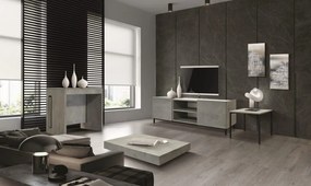 Tavolino CAMOGLI in legno, finitura in grigio cemento e metallo verniciato nero, trasformabile in tavolo da pranzo 120&#215;80 cm &#8211; 220&#215;80 cm altezza da 30 a 77 cm