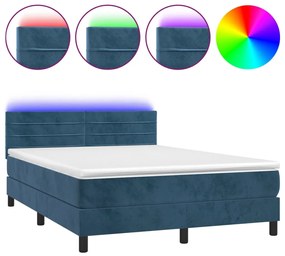 Letto a molle con materasso e led blu scuro 140x200 cm