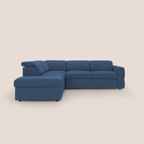 Kronos Divano angolare con poggiapiedi estraibile e pouf contenitore mobile in microfibra impermeabile T11 blu