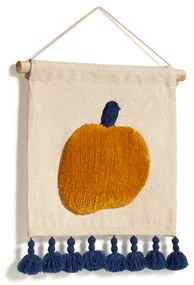 Kave Home - Arazzo da parete Amarantha 100% cotone bianco con mela arancione e nappe blu 30 x 30 cm
