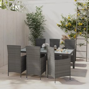 Set da pranzo per esterni 7 pz con cuscini in polyrattan grigio