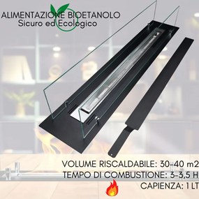 Bruciatore da Incasso Camino a Bioetanolo 1 Lt in Acciaio Inox, Riscaldamento 30-40 m2 – cm 99x19x21