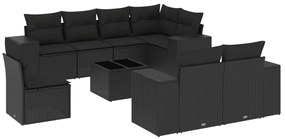 Set divani da giardino 9 pz con cuscini nero in polyrattan