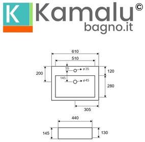 Kamalu - lavabo da appoggio 61cm rettangolare in ceramica bianca | litos-260