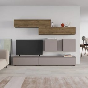 Parete Attrezzata 250 Cm Con Base Moka E Pensili Noce Effetto Legno Licia