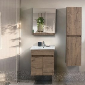 Mobile bagno sospeso 55 cm rovere scuro con specchio contenitore Mona