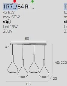 Sospensione ottone sat. 4 luci rettangolare vetri 2x tr + 2x am 117...