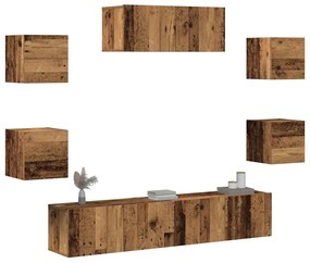 Set Mobile Tv 5 Pz Montato A Parete Legno Antico /