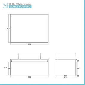 Mobile bagno sospeso 80 cm ossido e rovere con lavabo e specchio Kleo