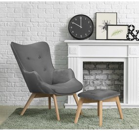 Poltrona con poggiapiedi grigia con rivestimento in velluto Niko – Ropez